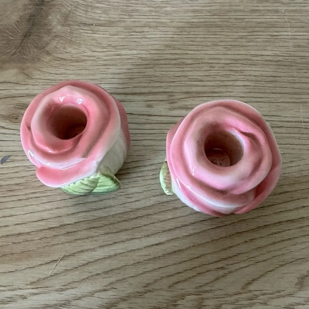 Fitz & Floyd OCI Omnibus Pink Rose‎ Shaped Taper Candle Holders Set of 2 Vintage